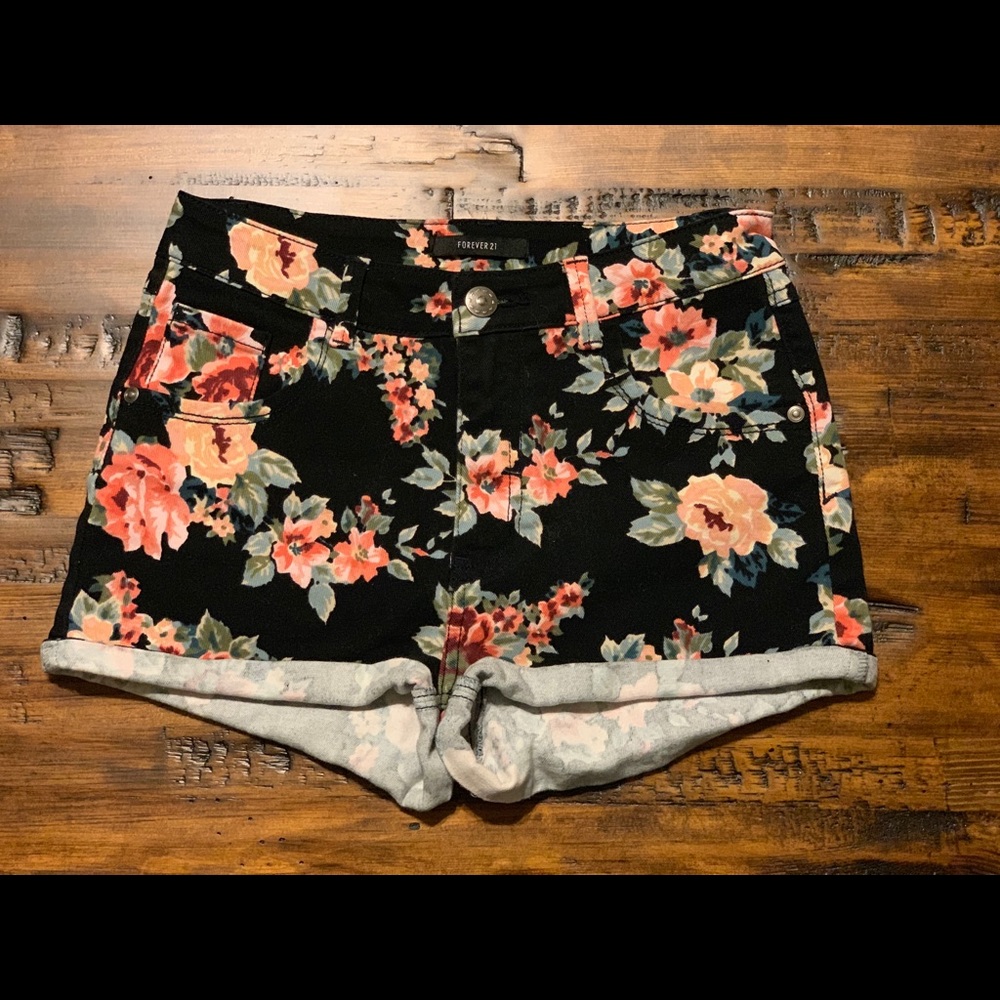 F21 Flower Print High Waisted Shorts